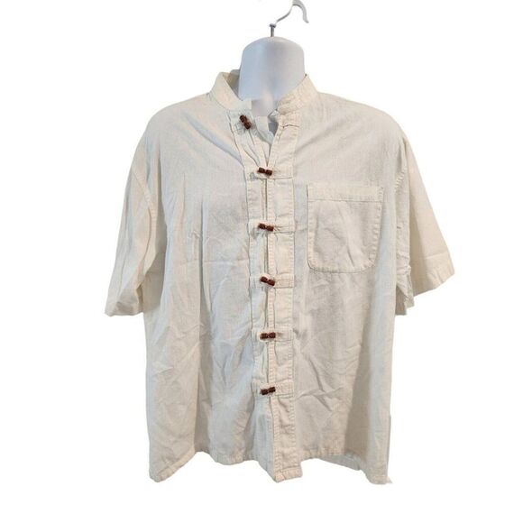 Vintage 80s Quiksilver White Short Sleeve Wooden Barrel Button Up Shirt XL Surf - Picture 1 of 5